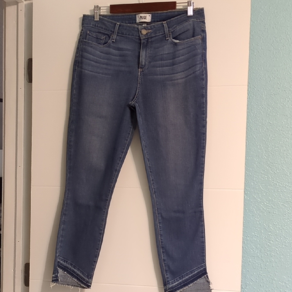 Paige Ankle Verdugo Cropped Skinny Jeans Classic Blue Raw Hem Sz 32